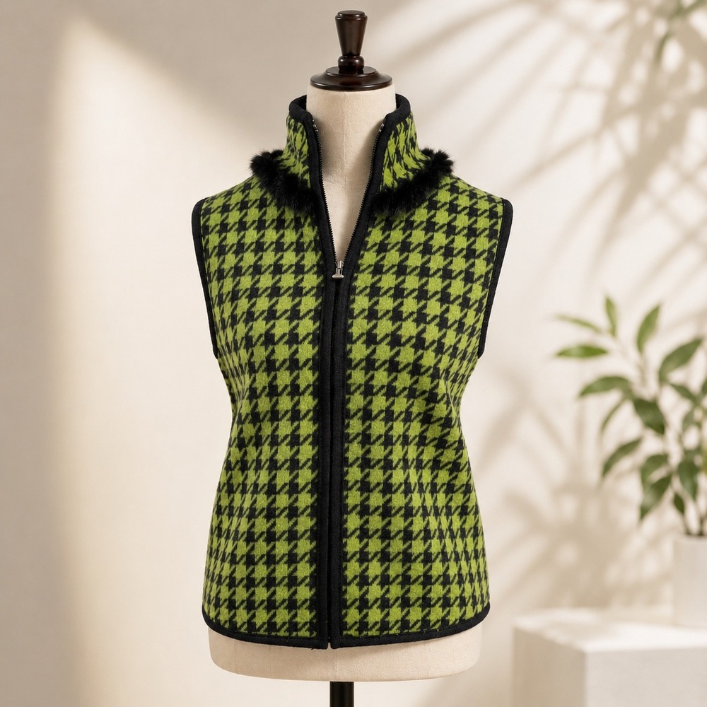 Tally-Ho Womens 100% Wool Houndstooth‎ Zip Up Vest Faux Fur Trim Green Black S